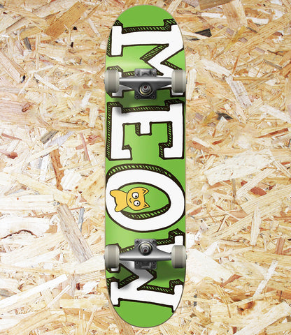 Meow, Logo, Green, Complete, Skateboard, 7.75", Level Skateboards, Brighton, Local Skate Shop, Independent, Skater owned and run, South coast, Level Skate Park.