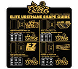 Elite urethane shape guide with various shapes and specifications on a black background