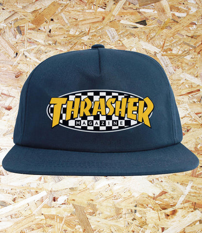 Thrasher, Checkered, Oval, Snapback, Cap, Navy, Level Skateboards, Brighton, Local Skate Shop, Independent, Skater owned and run, south coast, Level Skate Park.