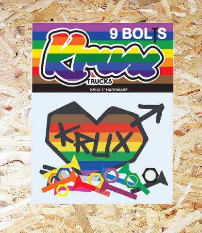 Krux Krome Bolts Phillips Hardware - Rainbow.  1 inch Phillips - set of 9, Level Skateboards, Brighton, Local Skate Shop, Independent