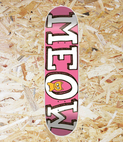 Meow, Logo, Pink, Deck, 7.75" Level Skateboards, Brighton, Local Skate Shop, Independent, Skater owned and run, south coast, Level Skate Park.