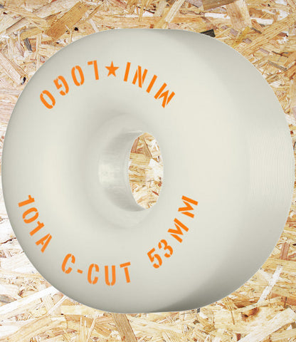 Mini Logo Wheels C-Cut - 53mm / White, Mini Logo™ Wheels combine high-performance urethane with a simple graphic all at an insane price. 101a hardness for that classic hard wheel feel. Slimmer shape to save weight aiding in technical street skating, Level Skateboards, Skate Shop, Local Independent, Brighton