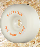 Mini Logo Wheels A-Cut -53mm / White. Wider of the wheel shapes. The hardest, fastest wheel formula in the line. Our super-high rebound formula outperforms and outlasts most pro-wheels, at a fraction of the cost. A-cut shape featuring a sidecut profile and wider contact area for more stability skating all terrains, Level Skateboards, Skate Shop, Local Independent, Brighton