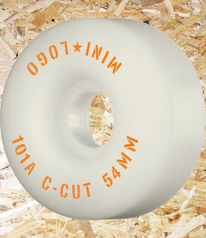 Mini Logo Wheels C-Cut - 54mm / White, Mini Logo™ Wheels combine high-performance urethane with a simple graphic all at an insane price. 101a hardness for that classic hard wheel feel. Slimmer shape to save weight aiding in technical street skating, Level Skateboards, Skate Shop, Local Independent, Brighton