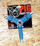Pig Skate Tool - Blue.  The PIG Skate Tool is a combination of 8 skateboard tools in one. 3/8", 1/2" & 9/16" sockets, and a self aligning axle threader are incorporated in the main tool, with a removable "Y" piece handles the heads of bolts with a 1/8" allen, 7/32" allen and a phillips. Made of heavy duty steel and durable ABS plastic.  Level Skateboards, Brighton, Local Skate Shop, Independent, Skater owned and run, south coast, Level Skate Park.