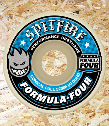 Spitfire, Formula Four, Wheels, Conical Full, 99DU, Natural, 53mm, Wider riding surface and cutaway design for unmatched control and lasting speed everywhere.  Formula Four Performance Urethane *Formulated for a harder-faster ride* *Unmatched flatspot resistance* *Smooth anti-stick slide* *More speed and control* *100% True performane urethane*  YOU WILL BURN FOUR-EVER, Level Skateboards, Local Skate Shop, Brighton, Independent