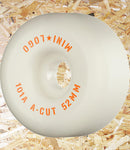 Mini Logo Wheels A-Cut -52mm / White.  Wider of the wheel shapes. The hardest, fastest wheel formula in the line. Our super-high rebound formula outperforms and outlasts most pro-wheels, at a fraction of the cost.  A-cut shape featuring a sidecut profile and wider contact area for more stability skating all terrains, Level Skateboards, Skate Shop, Local Independent, Brighton
