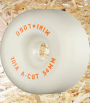 Mini Logo Wheels A-Cut -54mm / White. Wider of the wheel shapes. The hardest, fastest wheel formula in the line. Our super-high rebound formula outperforms and outlasts most pro-wheels, at a fraction of the cost. A-cut shape featuring a sidecut profile and wider contact area for more stability skating all terrains, Level Skateboards, Skate Shop, Local Independent, Brighton